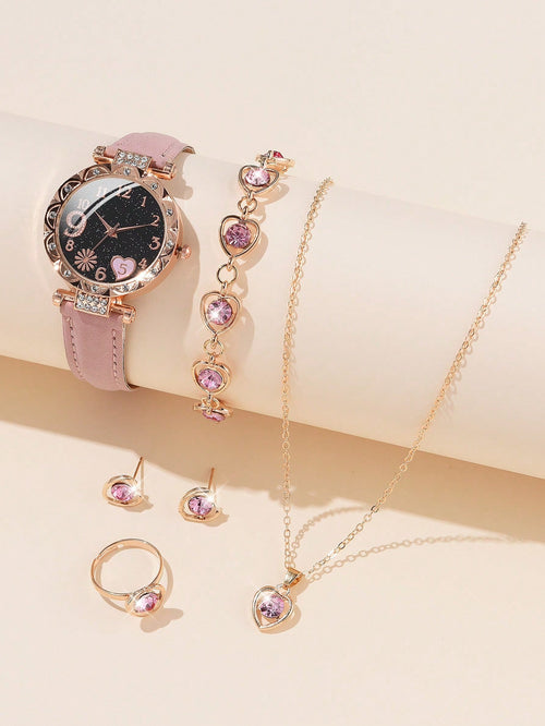 Shein - 6pcs/set Women's Fashionable Simple Pink Pu Strap Watch With Floral Print Scale Quartz Watch + Pink Rhinestone Decor Watch Accessory Set