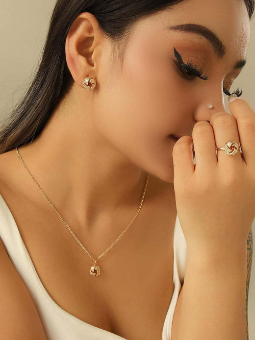 Shein - 1set Hollow Out Knotting 3d Circle Shaped Ring, Earrings And Necklace