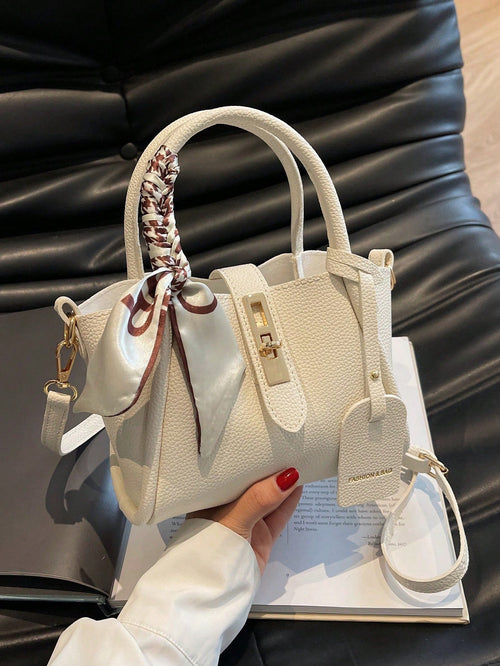 Shein - 1pc Fashionable And Simple Pu Tote Bag With Lock Buckle, Suitable For Daily Use, Can Be Worn Over The Shoulder And Cross-body, Or Carried By Hand, Comes With A Scarf