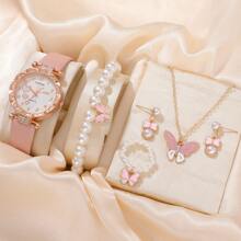 Shein - 6pcs/set Ladies' Fashionable Pink Faux Pearl Butterfly Watch Set