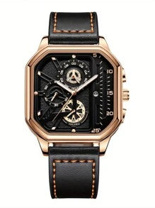 Shein - Vintage Sports Men's Watch Large Dial Date Pu Leather Calendar Quartz Wristwatch