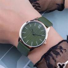 Shein - 1pc Elegant And Stylish Women's Round Wood-grain Dial Quartz Wristwatch With Leather Strap