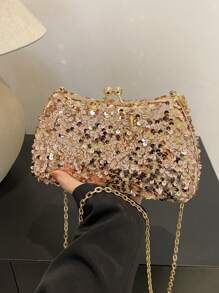Shein - Sequin Evening Party Bag With Chain Strap, One-shoulder Messenger Bag