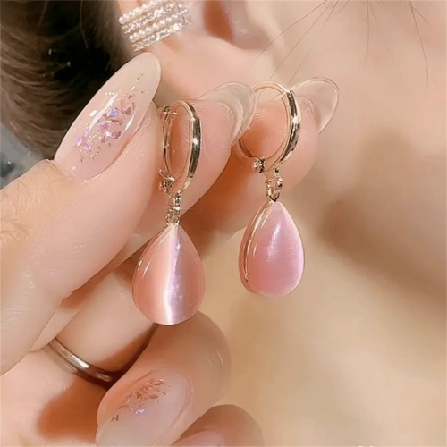 Shein - 2024 New Trendy Pink Water Drop Double-side Cat's Eye Stone Earrings