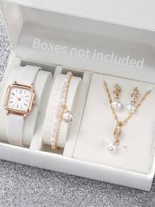Shein - Women's Leather Strap Fashionable Simple Square Dial Quartz Wristwatch + Pearl Jewelry Set (5pcs/set)