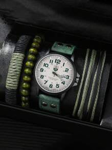 Shein - Men Watch 4pcs/set Men's Calendar Display Quartz Wristwatch With Pu Strap, Bracelet And Watch Box Watch For Men