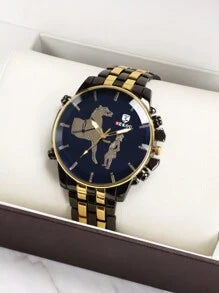 Shein - 1pc Stylish Classic Black And Gold Round Dial Horses Business Casual Men's Quartz Watch