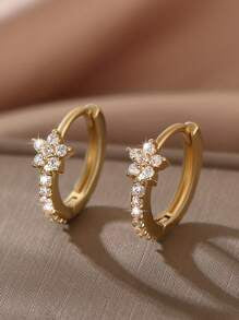 Shein - 1pair Fashionable Copper & Rhinestone Inlaid Starfish & Small Flower Ear Studs/hoop Earrings, Perfect For Dating Gifts
