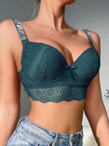 Shein - 1pc Green Ladies' Sexy Lace & Diamante Decor Push-up Bra With Thin Plunge Cups And Thick Bottom Underwire Cups, And Shoulder Straps