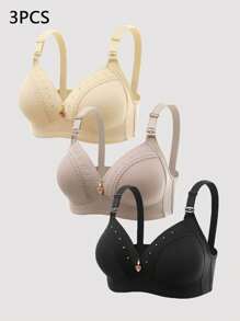 Shein - 3pcs Set Lace Splicing Adjustable Wirefree Comfortable Bra With Pendant Decoration