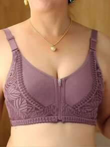 Shein - 1pc Women's Wireless Front Zipper Soft Cup Bra, With Lace Padded Push-up Support