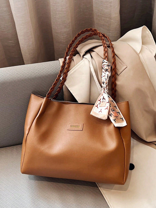 Shein - Women's Versatile Solid Color Handbag, Malist Pu Leather Large Capacity Shoulder Bag With Silk Scarf Decor, Lightweight Large Capacity Shopping Bags For Daily Office Work, Fashion Waterproof Durable Square Tote Bag Mom's Holiday Gifts