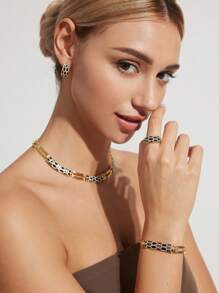 Shein - 1set Retro Bronze Alloy Oil Drip, Rhinestone Inlaid Snake Pattern Design Necklace Set
