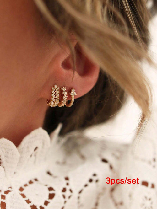 Shein - 3pcs Exquisite 24k Gold Cubic Zirconia Hoop Earrings For Women Cz Huggie Small Earrings Fashion Jewelry