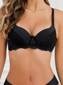 Shein -ladies' Solid Color Lace Splicing Wireless Bra