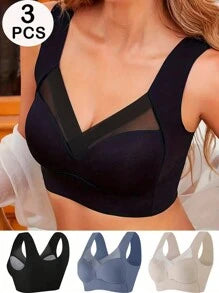 Shein - 3pcs Ladies V-neck Mesh Splice Seamless Bralette Comfortable Wire-free Bra