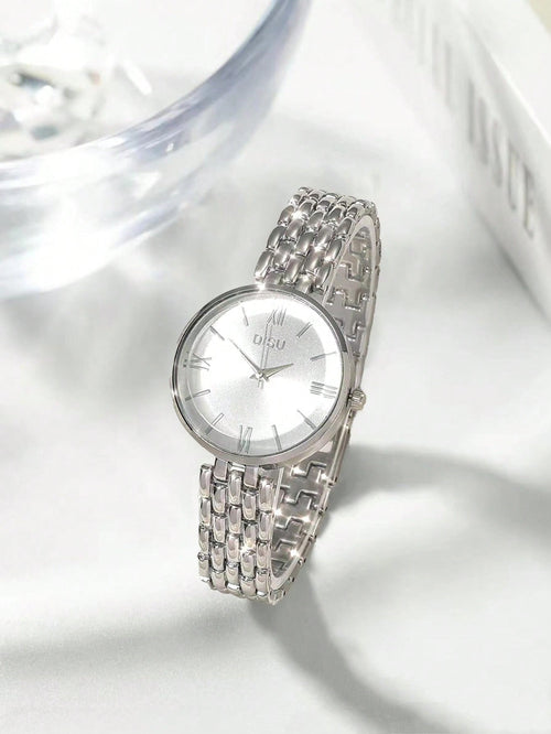 Shein - 1pc Fashionable Simple And Classic Ladies' Quartz Watch Bracelet For Daily Life - Silver