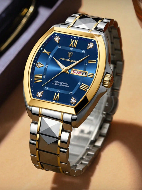 Shein - Poedagar Luxury Stainless Steel Men's Watch Waterproof Luminous Date Week Display Quartz Watch With Barrel-shaped Case For Men With Box, 1pc - Blue