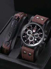 Shein - Men Watch 2pcs/set Men's Casual Calendar Pu Leather Strap Quartz Watch And Feather Leather Cord Bracelet