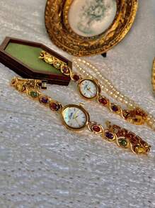 Shein - 1pc New High-end Luxury Women's Watch Embedded With Colorful Tourmalines