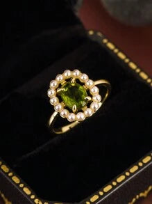 Shein - 1pc Luxury 925 Sterling Silver 18k Gold Plated Synthetic Olivine, Sea Shell & Faux Pearl Open Ring