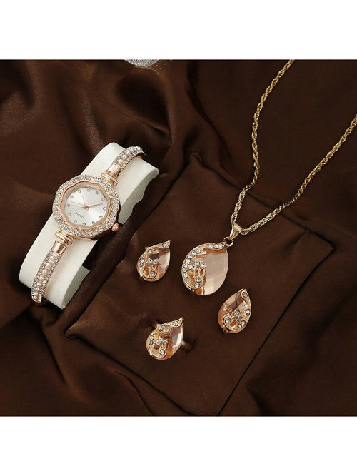 Shein - 4-piece Set Fashionable Ladies" Rose Gold Plated Diamond Studded Pearl-shaped Quartz Watc