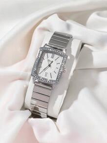 Shein - Disu Ladies Silver Stainless Steel Watch Band Classic Fashionable All-match Small Square Shape Diamond Decor Quartz Watch