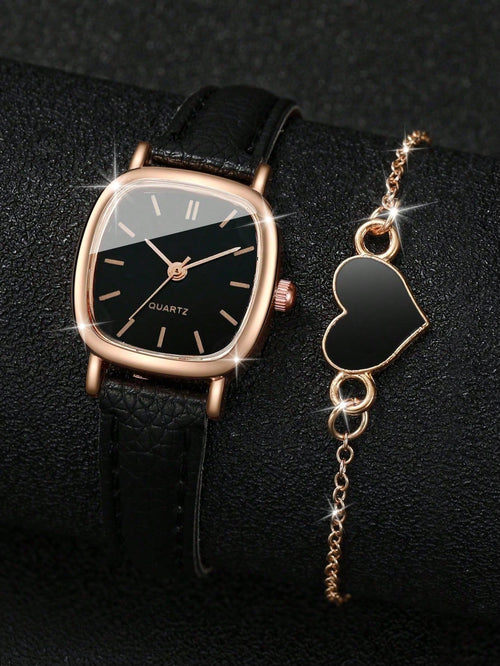 Shein - 2pcs Women Personality Watch Set: Black Pu Leather Strap Fashion Square Dial Quartz Watch Heart Shaped Chain Bracelet, Suitable For Daily Wear, Birthday, Valentine Day Gift