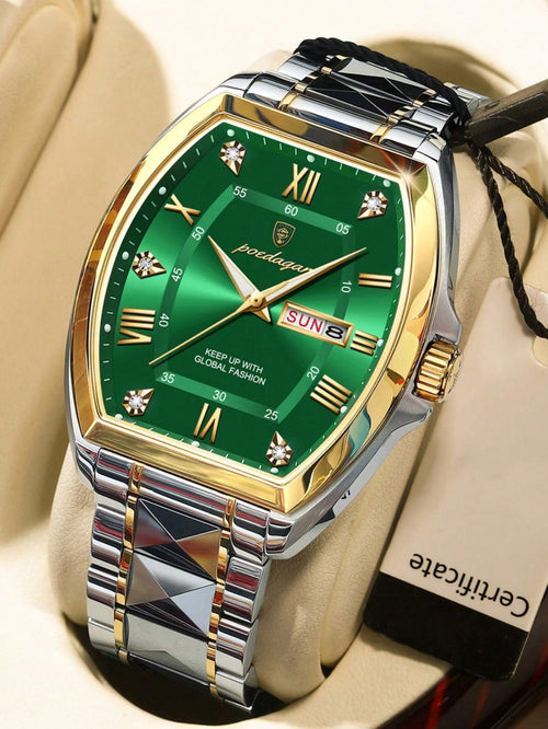 Shein - Poedagar Luxury Stainless Steel Men Watch Waterproof Night Light Date Week Display Quartz Watch With Barrel Shaped Case For Men Box, 1 Piece - Green