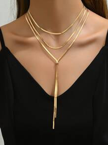 Shein - 2pcs/set Minimalist & Personalized Long Multi-layer Snake Bone Chain Necklace