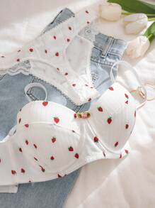 Shein - Ladies" Lace Splice Strawberry Print Underwire Bra And Panty Set (2 Pieces)