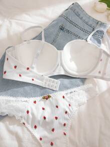 Shein - Ladies" Lace Splice Strawberry Print Underwire Bra And Panty Set (2 Pieces)