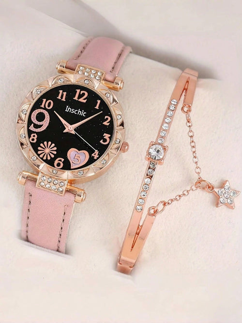 Shein - 2pcs Heart Shaped Crystal Watch And Star Bracelet, Fashion Lifestyle Accessory, Valentine Day Gift