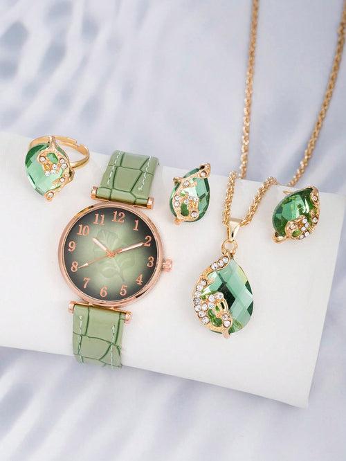 Shein - Elegant 5pcs Quartz Watch For Women And Jewelry Set With Leaf Design - Pu Leather, Ideal Gift For Her