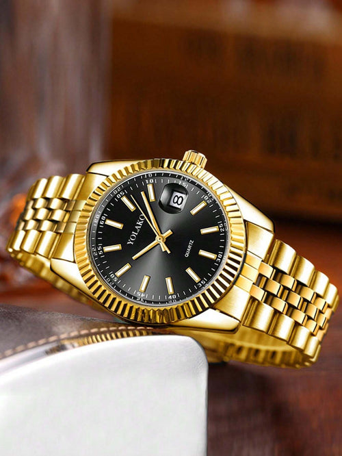Shein - 1pc Fashion Business Casual Round Dial Men's Stainless Steel Band Quartz Watch