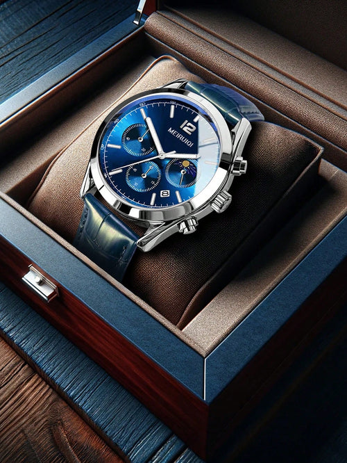 Shein - 1pc Men Blue Belt Three-eye Multi-function Dial Business Casual Quartz Watch