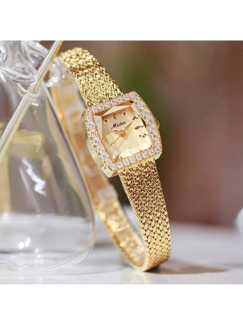 Shein - 1pc Vintage Watch Gift For Girlfriend, Copper Strap Quartz Watch With Diamond Encrusted Polygonal Dial