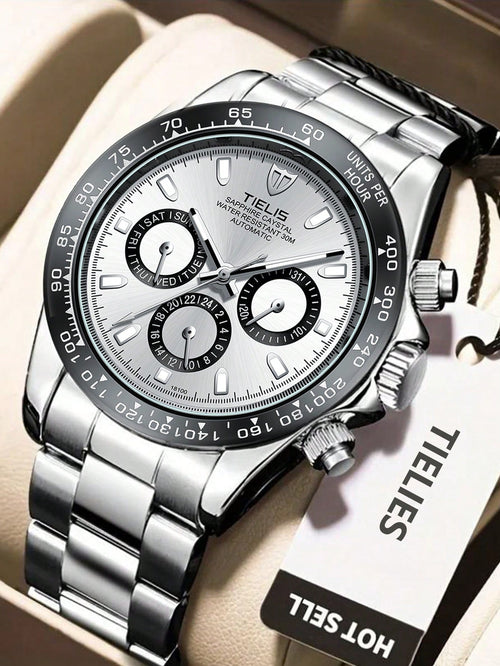 Shein - New Arrival Luxury Men's Business Casual Mechanical Watch With Stainless Steel Waterproof Band And Multifunctional Three-eye Automatic Mechanical Wristwatch