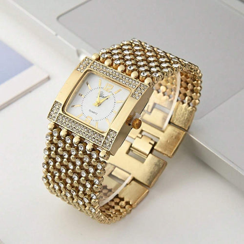 Shein - Ladies Hip-hop Fashion Quartz Bracelet Watch, Luxury Rhinestone Bangle Cuff Watch