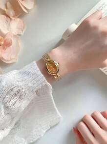 Shein - Full Rhinestone Gold-plated Watch For Women, Oval Dial With Quartz Movement, Fashionable Bracelet Watch