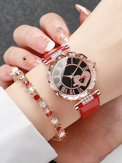 Shein - Women's Fashionable Quartz Wristwatch With Rhinestone-encrusted Roman Numerals, Heart-shaped Dial, And Diamond Bracelet Set (2pcs/set)