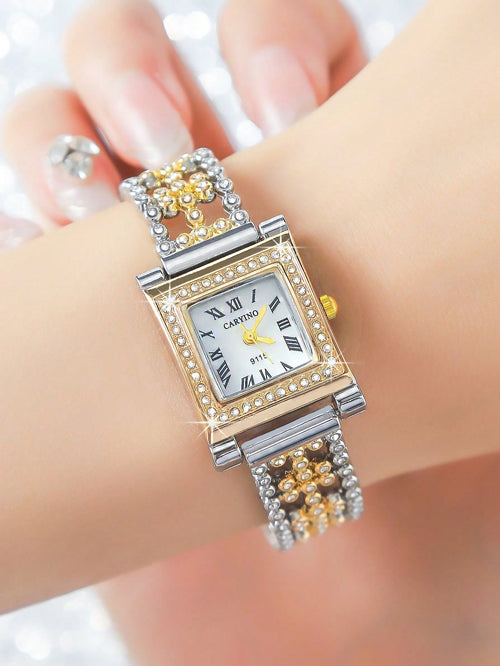 Shein - Caryino Women Classic Business Style Hollowed-out Wristwatch In Dual Golden & Silver Color, Delicate Quartz Watch With Diamond-decorated Strap, Suitable For Daily Wear