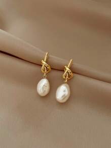 Shein - 1 Pair Knotted Faux Pearl Dangle Earrings,vintage And Elegant Knot Shaped Ear Studs