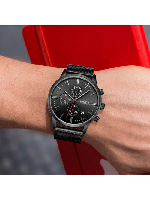 Shein- Megir Brand Business Men Watches Fashion Steel Mesh Strap Quartz Sports Wristwatch Waterproof