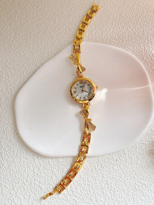 Shein - 1pc Round Seashell Dial Bracelet Watch For Women, Light Gold Bracelet Strap Watch With Bowknot Decoration, Suitable For Party/ Everyday Wear/ Holiday Gift