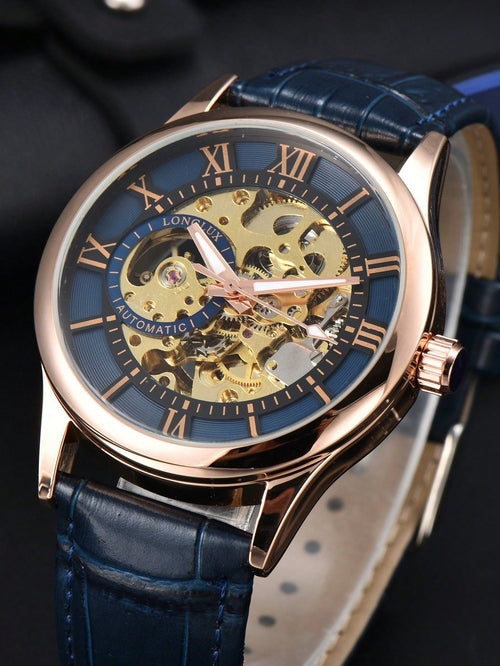 Shein - 1pc Men's Hollow Automatic Mechanical Watch, Waterproof Leather Wristwatch With Roman Numerals And Calendar - Yellow Dail Blue