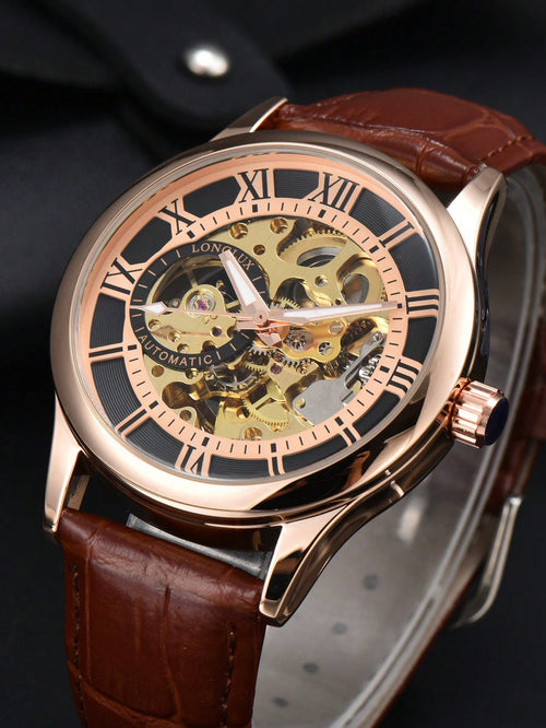 Shein - 1pc Men Hollow Automatic Mechanical Watch, Waterproof Leather Strap Watch, Roman Numeral Calendar - Coffee Brown