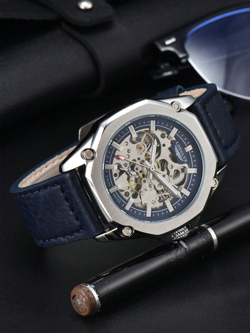 Shein - 1pc Men's Automatic Mechanical Watch With Hollow-out Design, Waterproof Leather Strap, Pin Watch Dial, Casual Style - Blue