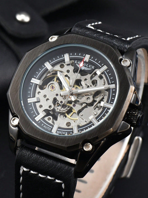 Shein - 1pc Men Hollowed-out Automatic Mechanical Watch, Water-resistant With Leather Strap And Pin Dial, Casual Style - Black