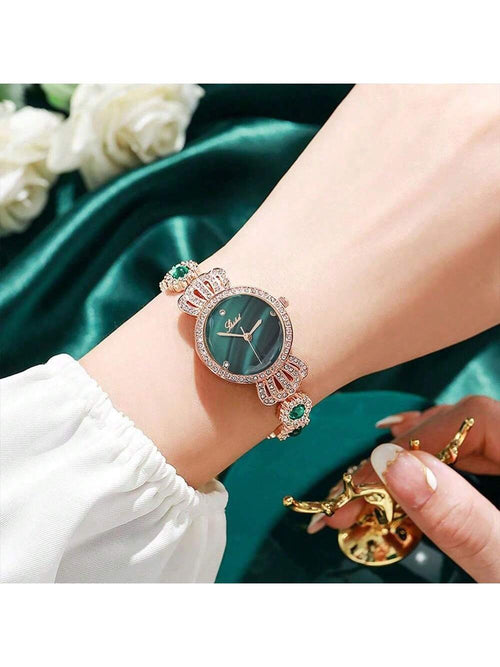Shein - 1pc New Crown Design Diamond Inlaid Women Bracelet Watch, With Small Dial And Green Gemstone, All-match Style